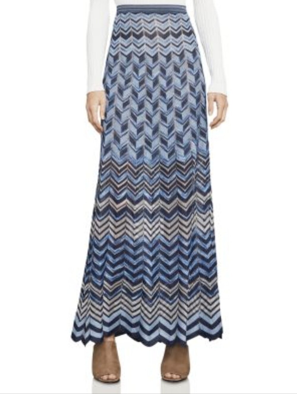 BCBGMaxAzria Vida Chevron Blue/Tan Marled Maxi Skirt Size Large GUC